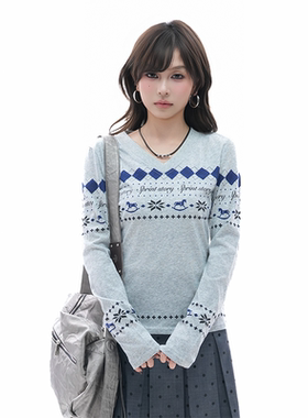 kk soul美式复古费尔岛印花长袖v领T恤女宽松休闲显瘦打底衫上衣