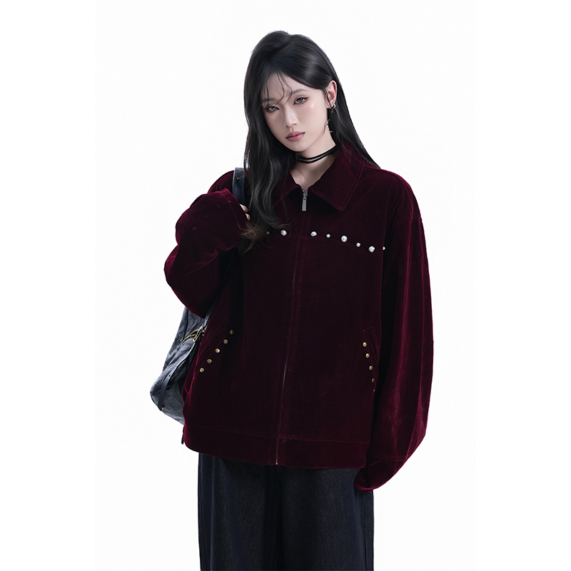 kk soul美式复古暗红麂皮绒外套夹克女潮牌柳钉设计情侣翻领工装