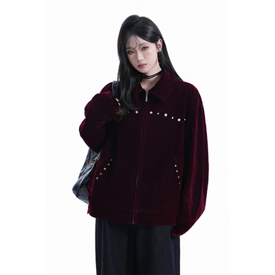 kk soul美式复古暗红麂皮绒外套夹克女潮牌柳钉设计情侣翻领工装