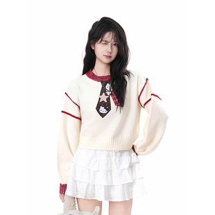 毛衣女新款 针织衫 soul美式 设计感慵懒上衣潮 kitty猫假两件短款