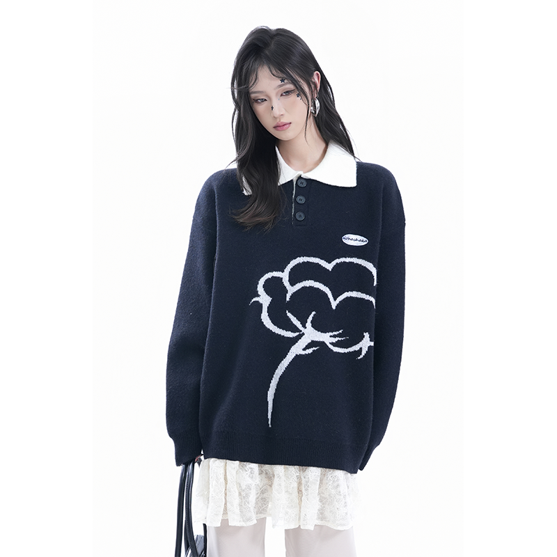 kk soul美式复古花卉提花翻领毛衣女秋冬季慵懒风宽松针织衫上衣
