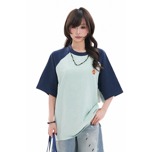慵懒风纯棉宽松短袖 圆领上衣女夏季 复古撞色插肩袖 T恤 soul美式