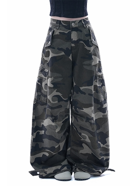 kk soul美式街头迷彩高腰设计感阔腿裤春季小众工装裤百搭拖地裤