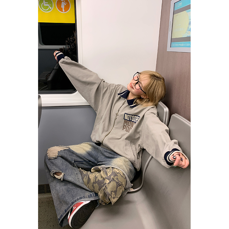 kk soul美式复古运动风印花翻领撞色休闲外套女宽松百搭夹克上衣