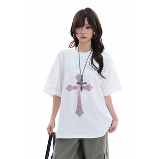 T恤女夏季 潮牌十字架烫钻短袖 设计感oversize圆领上衣 soul美式