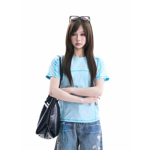 kk soul夏季凉感撞色哈苏线防晒速干衣女运动风轻户外正肩短袖T恤