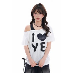 sooul夏季 T恤短袖 新款 爱心印花斜肩性感露肩上衣女修身 女 时尚