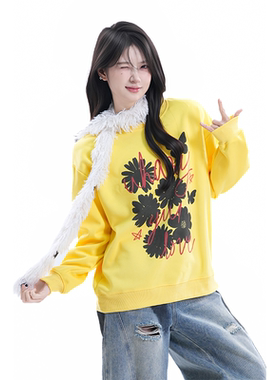 kk soul美式复古黄色雏菊印花圆领卫衣早秋潮牌宽松情侣长袖上衣