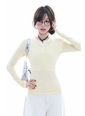 kk soul早春微透韩系小众显瘦半纽扣T恤ins纯欲风纯色修身长袖