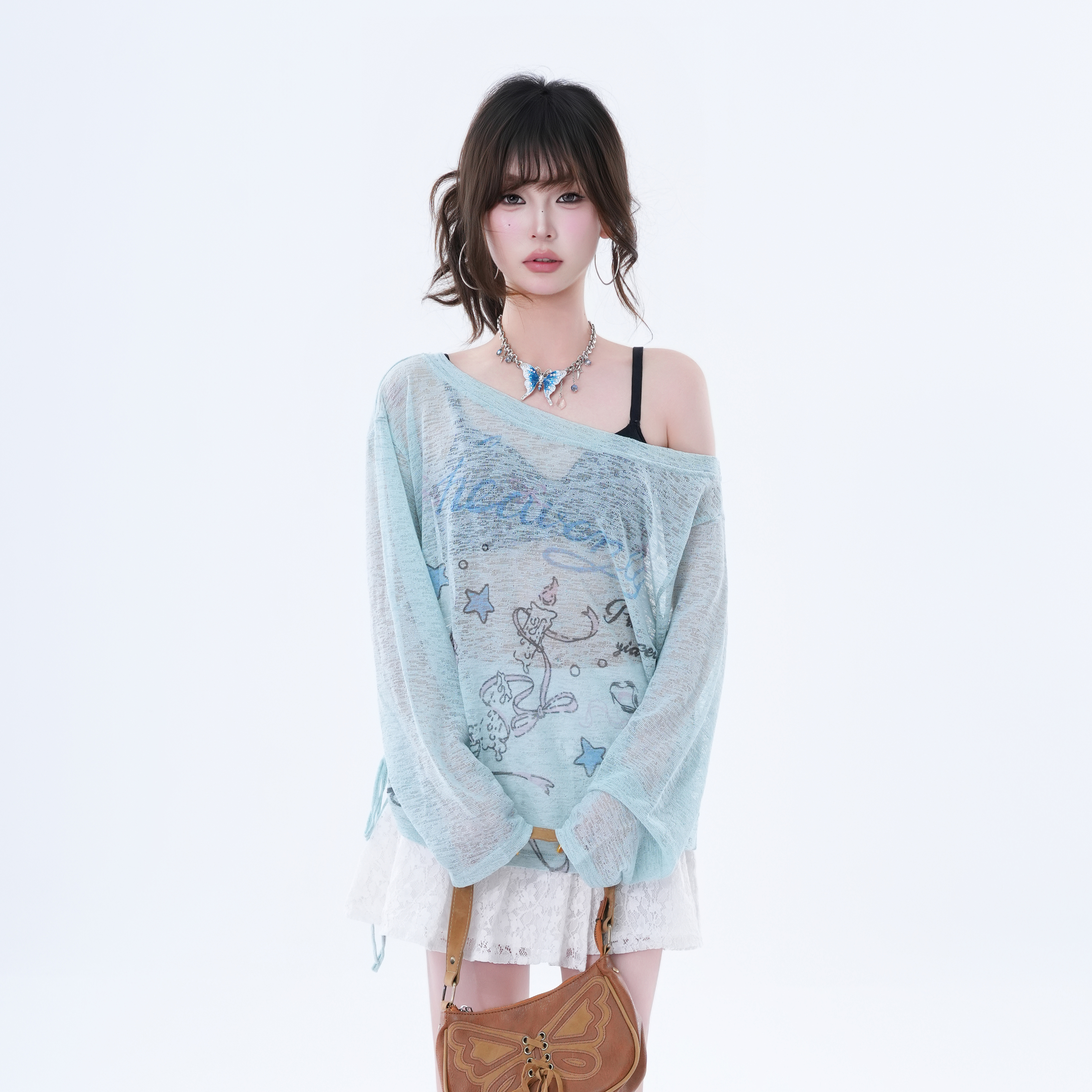 kk soul甜美少女星星印花露肩长袖T恤女夏季新款宽松薄款罩衫上衣