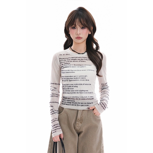 夏轻薄透气小众设计长袖 辣妹风字母印花透视网纱罩衫 soul美式