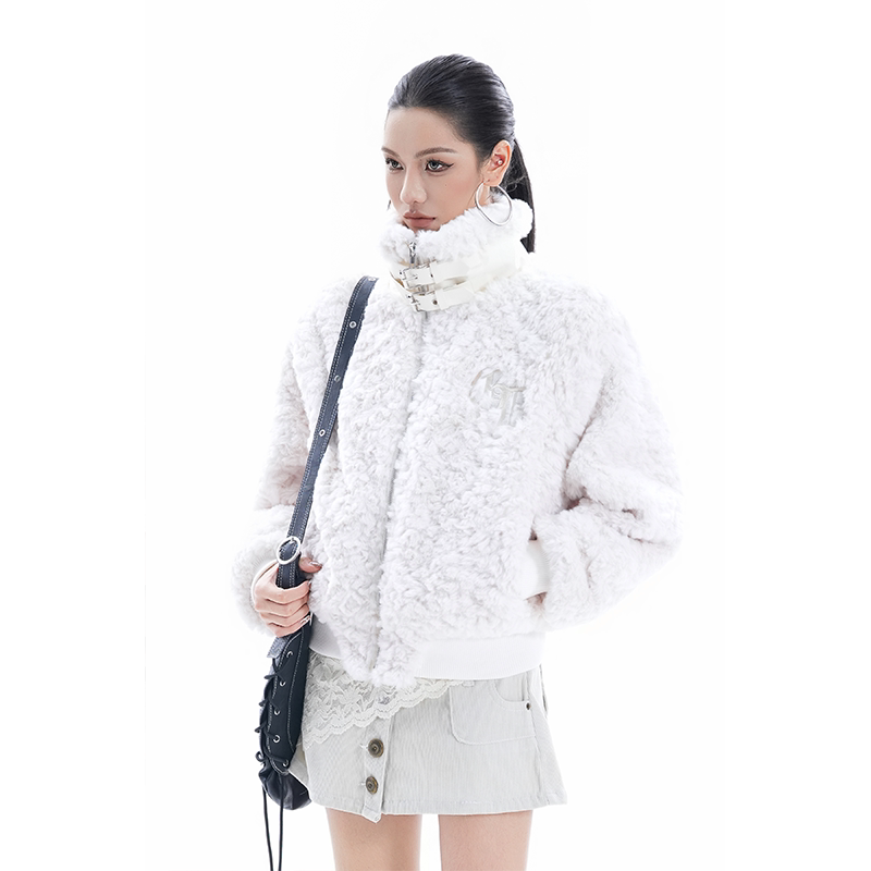 kk soul美式复古羊羔毛刺绣立领短款棉服女高级氛围感毛茸茸外套