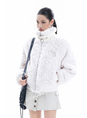 kk soul美式复古羊羔毛刺绣立领短款棉服女高级氛围感毛茸茸外套