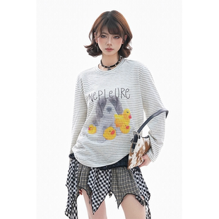 soul美式 宽松百搭打底衫 条纹小黄鸭印花长袖 薄款 上衣 T恤女春季