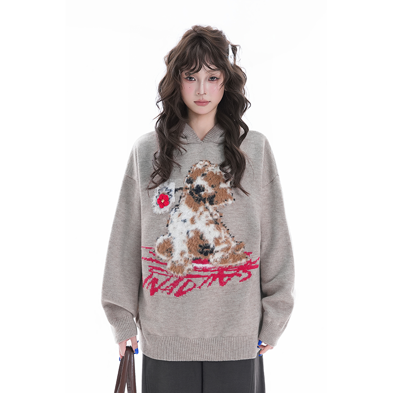 kk soul美式复古连帽小狗提花毛衣女秋冬宽松卡通涂鸦设计针织衫
