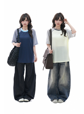 kk soul美式复古条纹插肩短袖t恤女夏季设计感宽松透气罩衫上衣潮