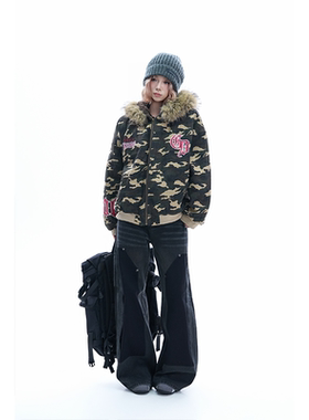 kk soul迷彩毛领连帽外套冬季防寒加厚显瘦棉衣袄子女座山雕棉服