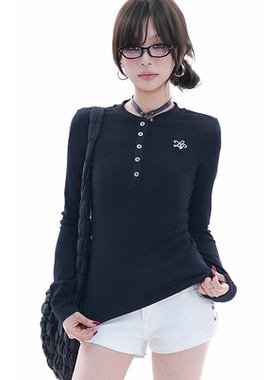 kk soul美式亨利领半纽扣修身长袖显瘦早春辣妹短款打底上衣ins