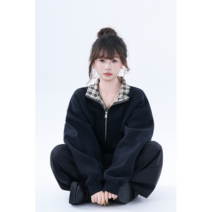 慵懒cleanfit拉链情侣外套潮 soul美式 撞色拼接学院风秋冬开衫