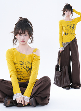 kk soul秋季多巴胺辣妹穿搭露肩长袖T恤小众别致设计修身显瘦上衣