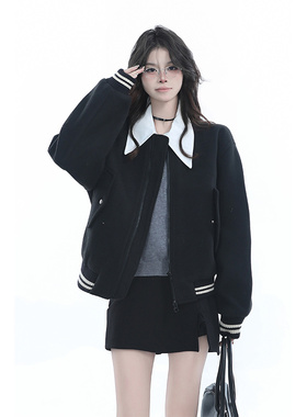 kk soul慵懒风秋冬黑色棒球服宽松小众韩系设计感百搭夹克外套潮