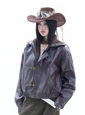 kk soul新复古主义穿搭飞机扣设计PU皮衣美式美拉德飒酷夹克外套