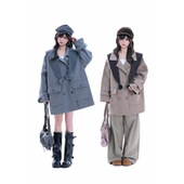 披肩外套 中长款 soul韩系学院风海军领毛领大衣女2026春季 新款