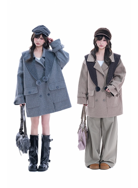 kk soul韩系学院风海军领毛领大衣女2026春季新款中长款披肩外套