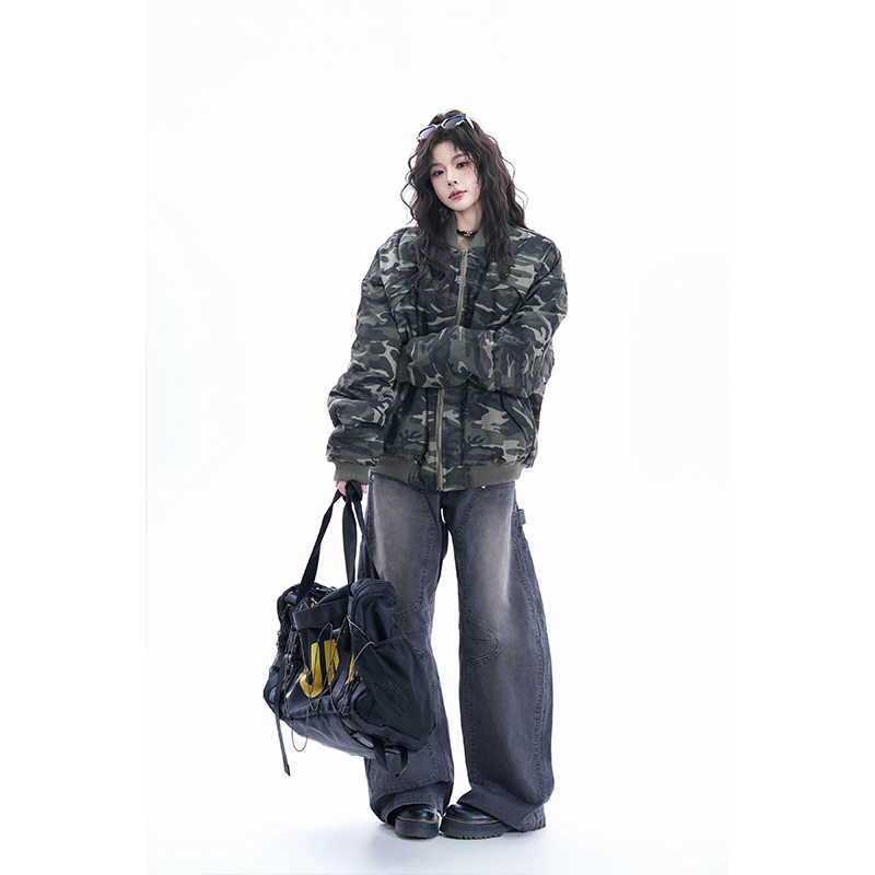 kk soul美式复古迷彩重磅加厚飞行员夹克棒球服情侣街头宽松棉服