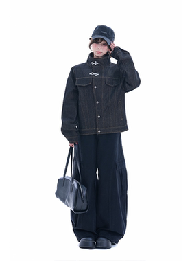 kk soul美式复古斜门襟牛仔外套立领宽松中性风小众线条解构上衣