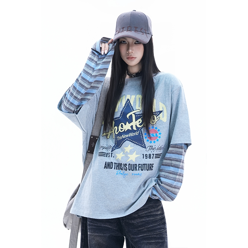 kk soul美式撞色条纹假两件长袖T恤情侣星星印花宽松oversize上衣图片