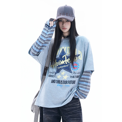 kk soul美式撞色条纹假两件长袖T恤情侣星星印花宽松oversize上衣
