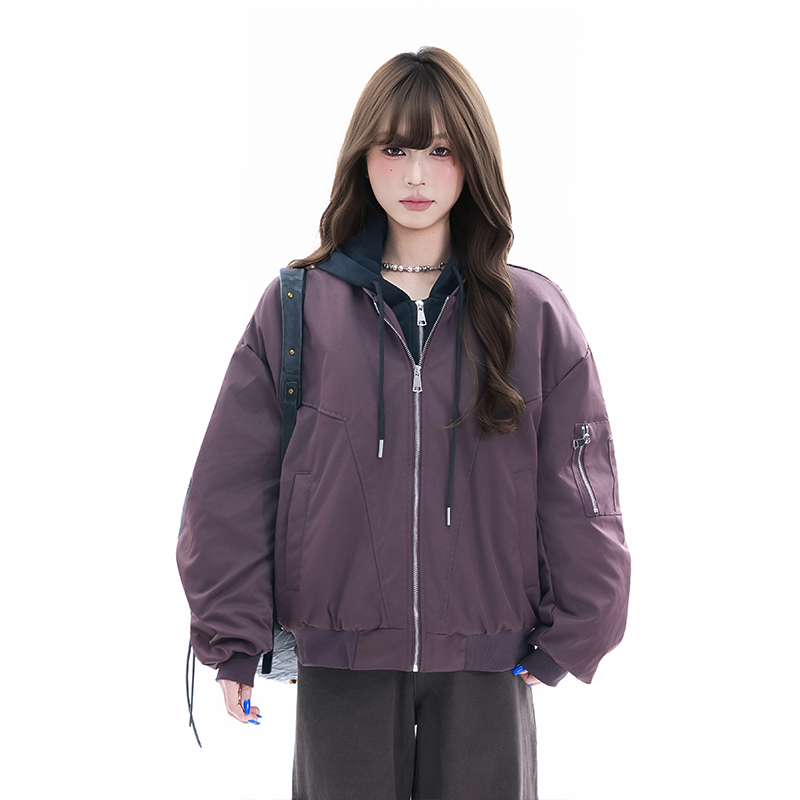 kk soul美式连帽假两件外套女棉服棉衣秋冬宽松街头bf风面包服潮