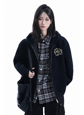 kk soul美式复古连帽拉链黑色卫衣开衫女秋季设计感宽松帽衫上衣