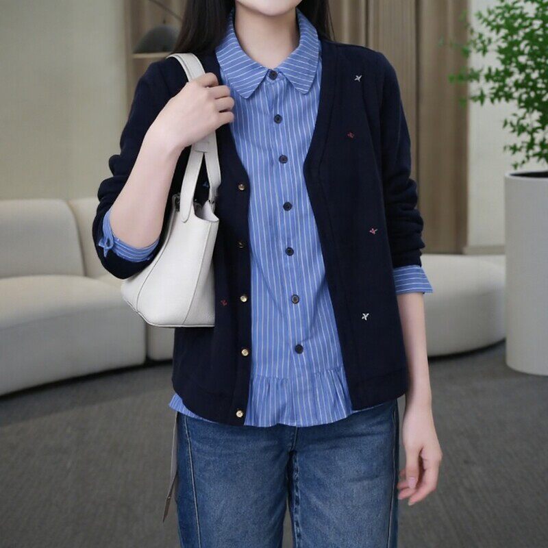 大码减龄韩系衬衫拼接假两件上衣女2026早春新款胖mm显瘦遮肉长袖