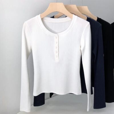 纯棉纽扣圆领针织长袖T恤