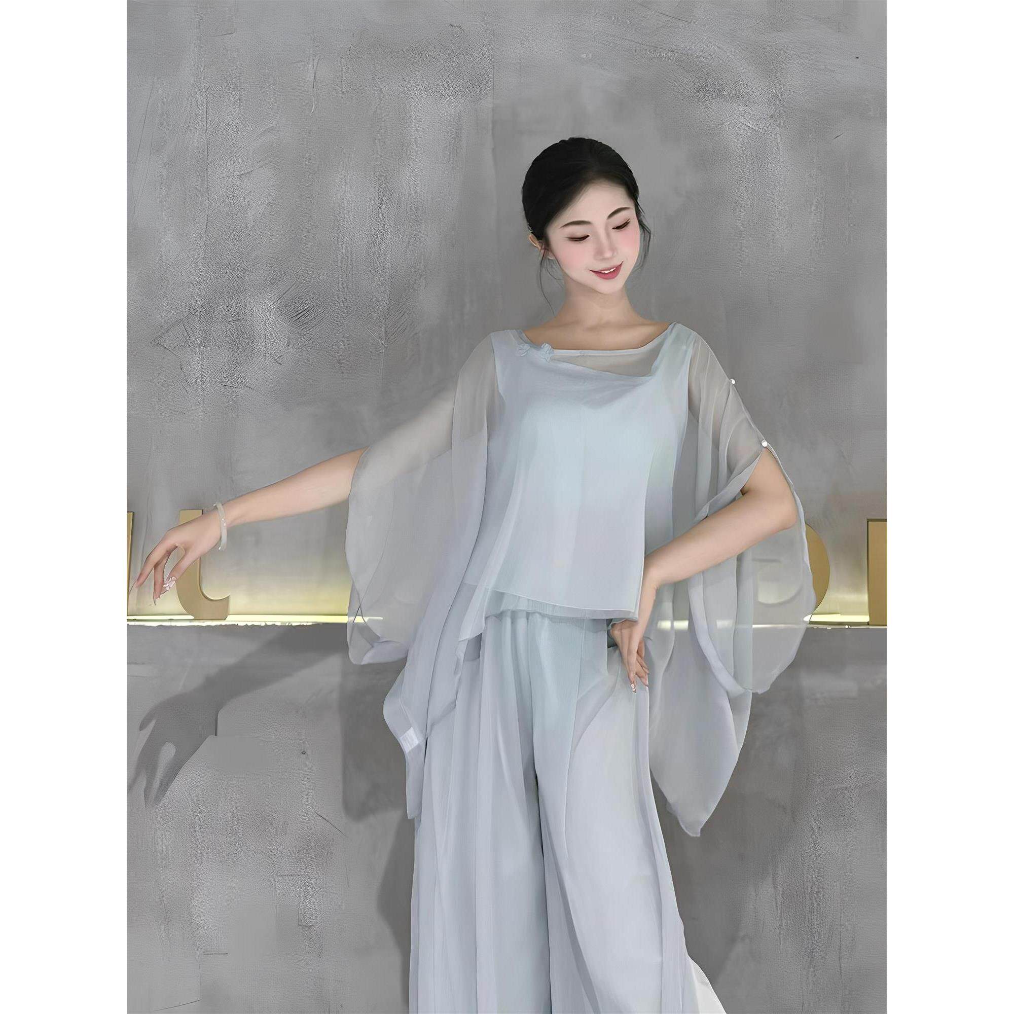 现代舞夏演出服古典舞飘逸舞蹈舞阔腿裤服套装身韵服练功纱衣中国