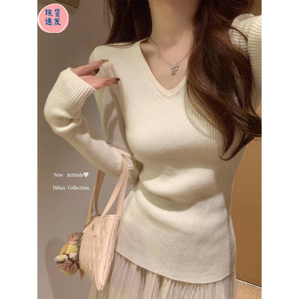 别致修身v领打底衫女春季2025年纯欲内搭高级感毛衣长袖针织上衣