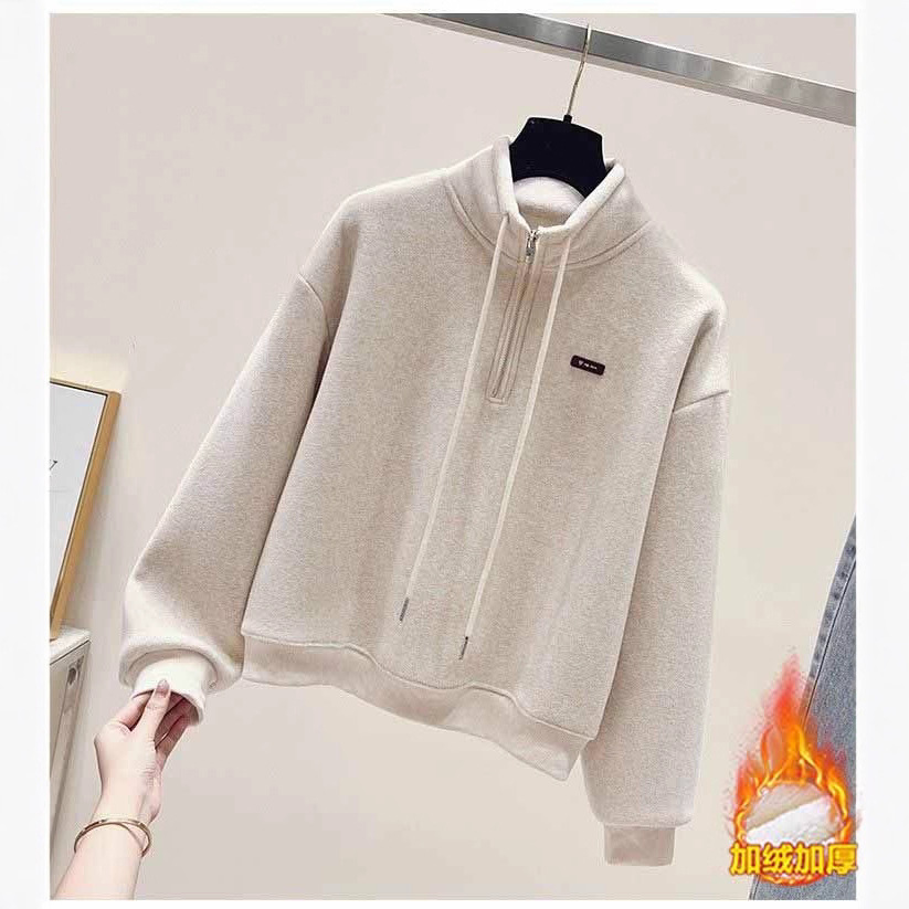 毛巾布复奥粒绒480克#半拉链立领卫衣加绒加厚女宽松无帽上衣