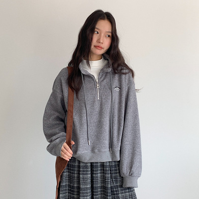 【欧凡】韩系字母刺绣加绒加厚长袖卫衣外套女半开拉链上衣11005