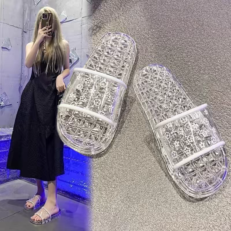 水晶凉鞋老式女款防滑不伤脚公主透明平底浴室洗澡家用厚底凉拖鞋