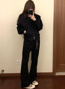 【Einsamer Richer】黑色牛仔裤纯色宽松休闲简约复古微喇裤男