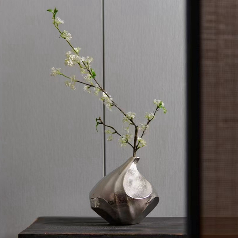 进口样板房干花花瓶银色窄口花器