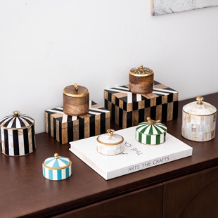 进口欧美式 饰盒桌面木制小收纳罐摆件 复古条纹小饰品盒彩贝首饰装