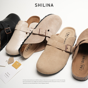 磨砂牛皮勃肯鞋复古一脚蹬软木底包头半拖鞋白色耐脏真皮厚底女