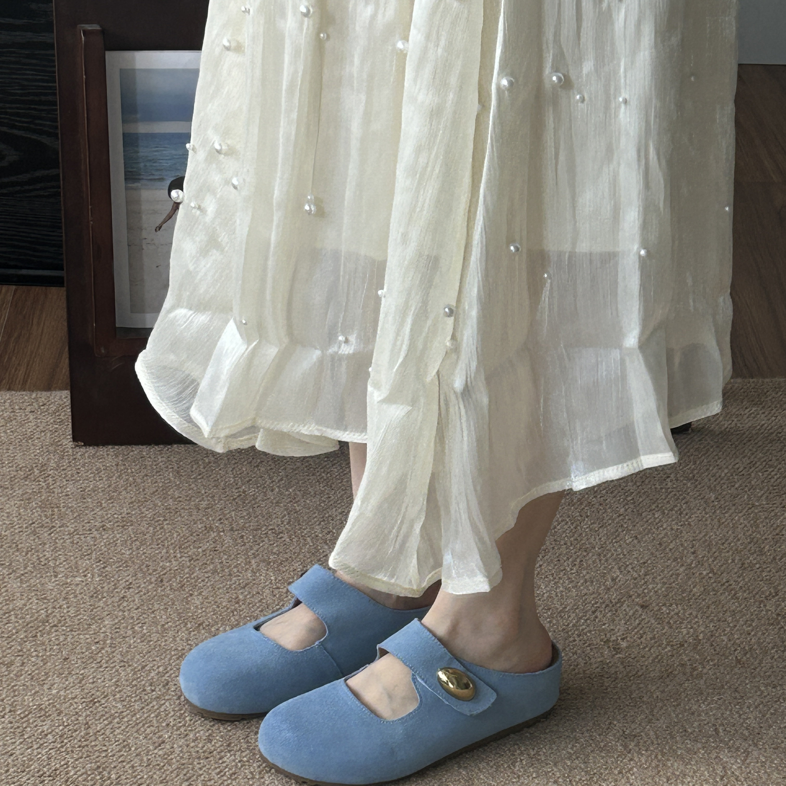 增高5cm金豆勃肯鞋女夏季玛丽珍圆头软萌懒人半拖鞋牛皮厚底外穿