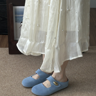 增高5cm金豆勃肯鞋女夏季玛丽珍圆头软萌懒人半拖鞋牛皮厚底外穿