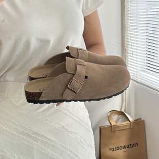 真皮勃肯鞋女2025半托博肯鞋包头拖软木半拖鞋外穿厚底时尚百搭女