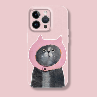 可爱手绘粉色帽子黑猫喵星人苹果iphone17promax适用15pro透明14min/16全包防摔菲林软华为小米荣耀13手机壳