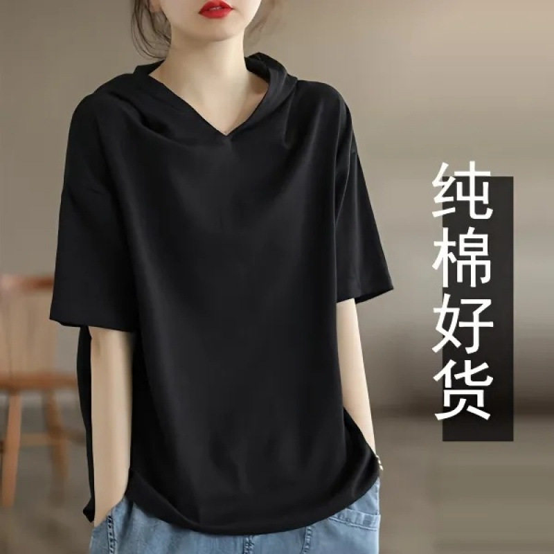 纯棉连帽短袖女夏季新款洋气带帽打底衫外穿纯色T恤大码女士上衣